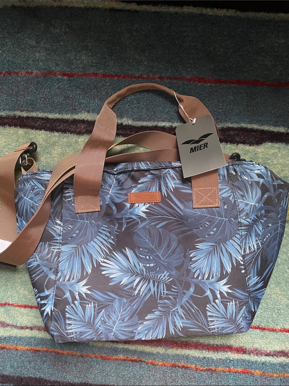 Blue Leaf Print Cooler Tote Bag